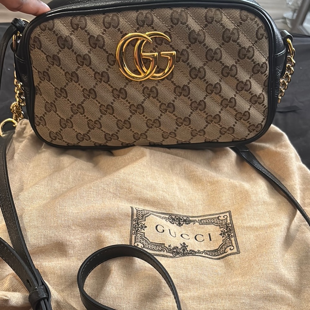 Gucci Brown and Black Crossbody Bag with Iconic GG Monogram